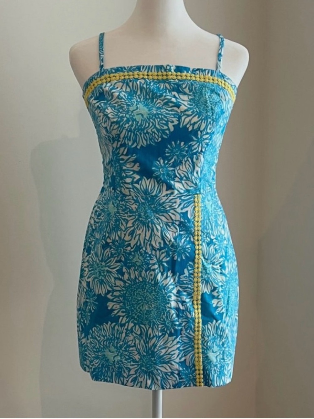 Lilly Pulitzer Teal Floral Spaghetti-Strap Mini Dress with Yellow Trim